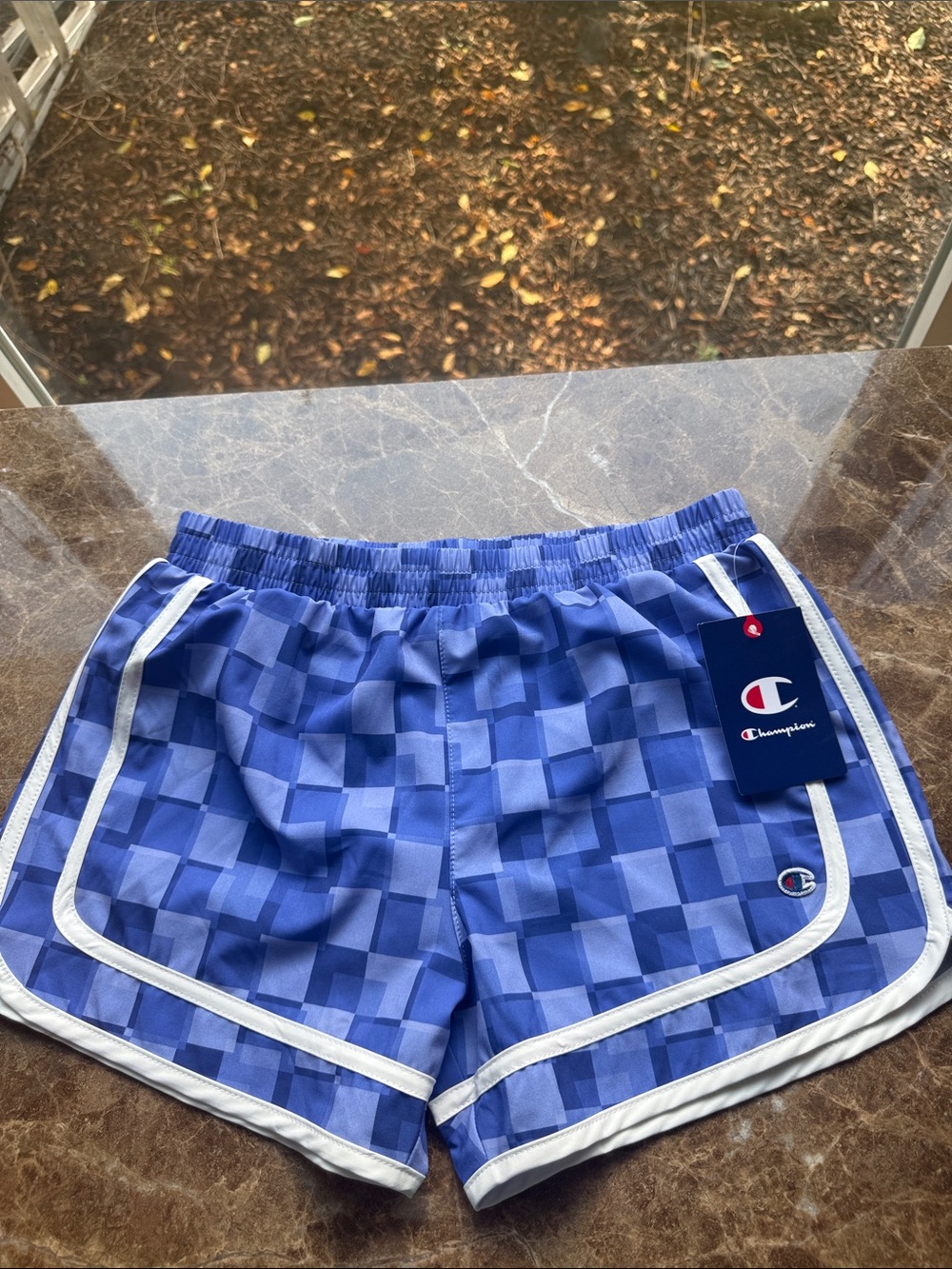 Champion Blue Checker Athletic Shorts with White Trim